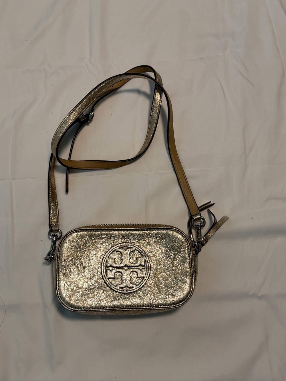 Tory Burch Metallic Silver Logo Crossbody Pouch